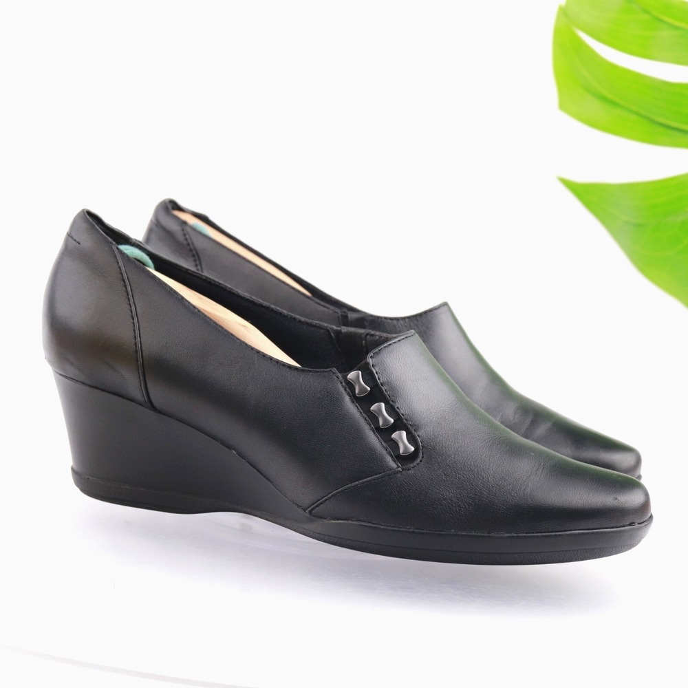 Clarks Shoes Womens Neala Sun Loafers Size 10 Black Leather Wedge Comfort Pumps